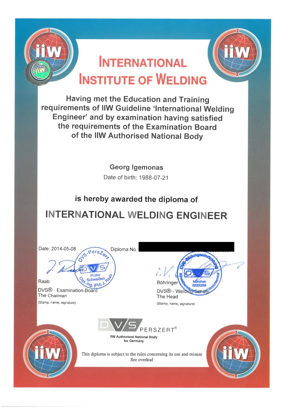 International Welding Engineer Diplom von Georg Igemonas IIW-Diplom von Georg Igemonas als International Welding Engineer
